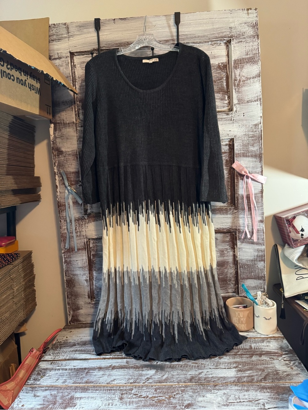 Women's Ombre Sweater Dress with Scoop Neck - Charcoal, Cream & Gray